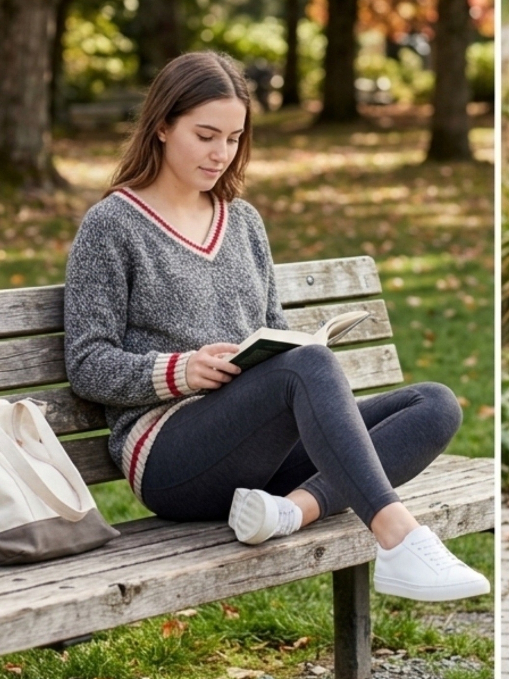 Roots Gray V-Neck Sweater with Cream and Red Stripe Trim - Picture 2 of 6